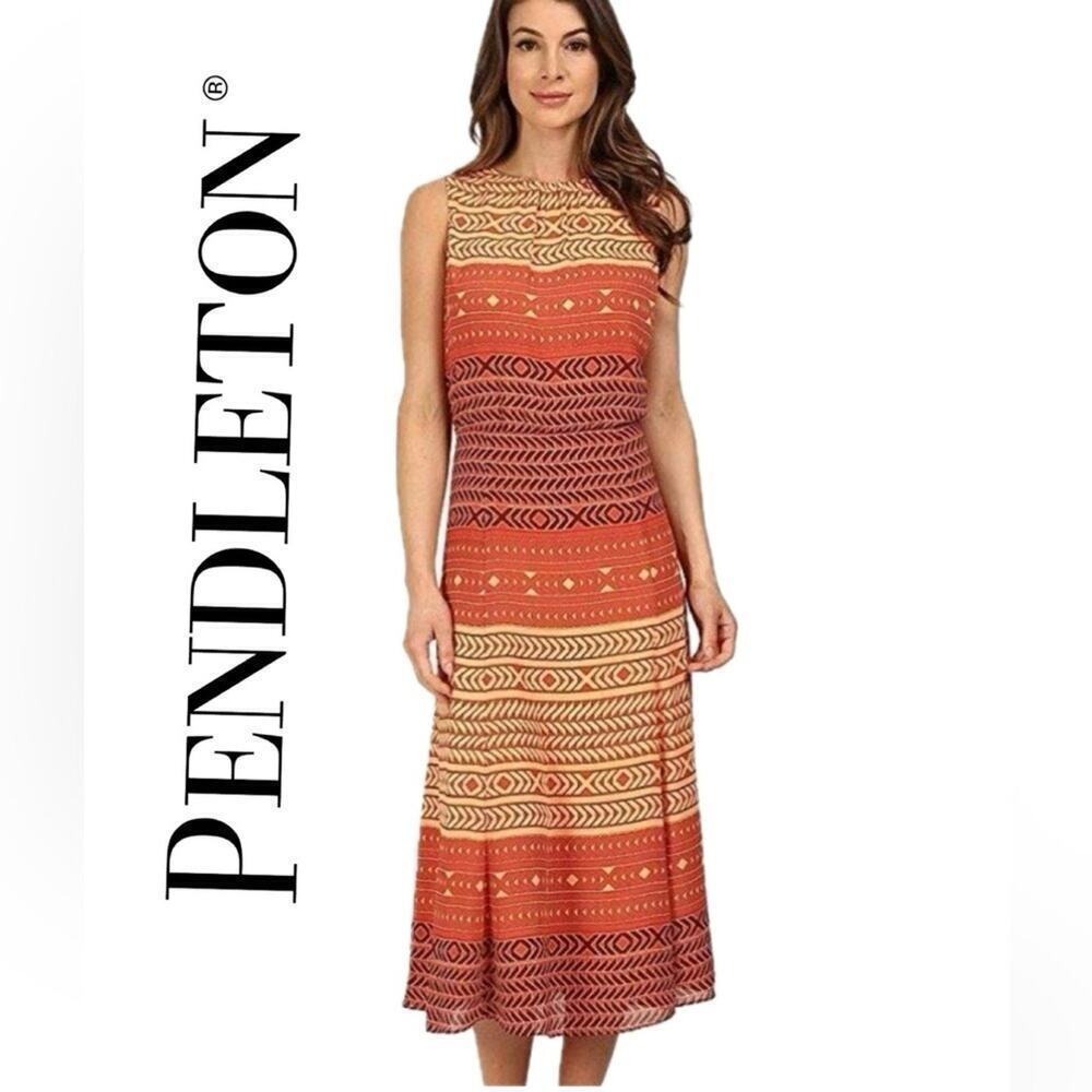 Pendleton Womens Southwestern Geometric Print Sleeveless Midi Dress Orange Sz 12